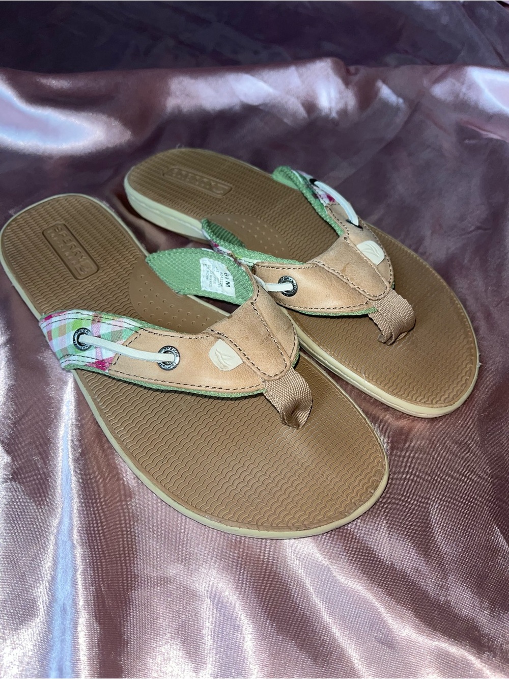 Sperry Tan Brown Leather Flip Sandals with Green and Pink Plaid Accents